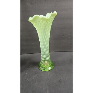 Vintage Northwood Green Opalescent Diamond Quilt Ruffled Glass Trunk Swung Vase